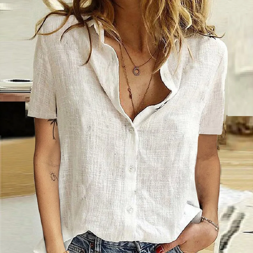 Oversize Fashion Lady Tops Woman Shirts Summer Button Up Irregular Women Shirt Solid Cotton Short Sleeve White Top Blusas Mujer