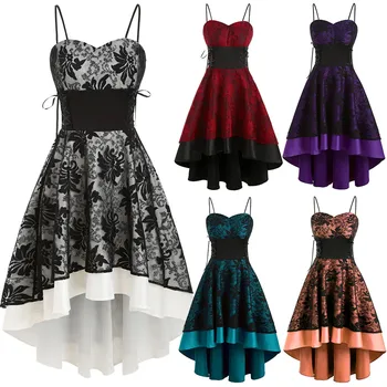 Gothic Lace Cami Dress for Women Vintage Lace Up Party Sleeveless Bandage Splicing A-Line Print High Waist Irregular Hem Dress 1