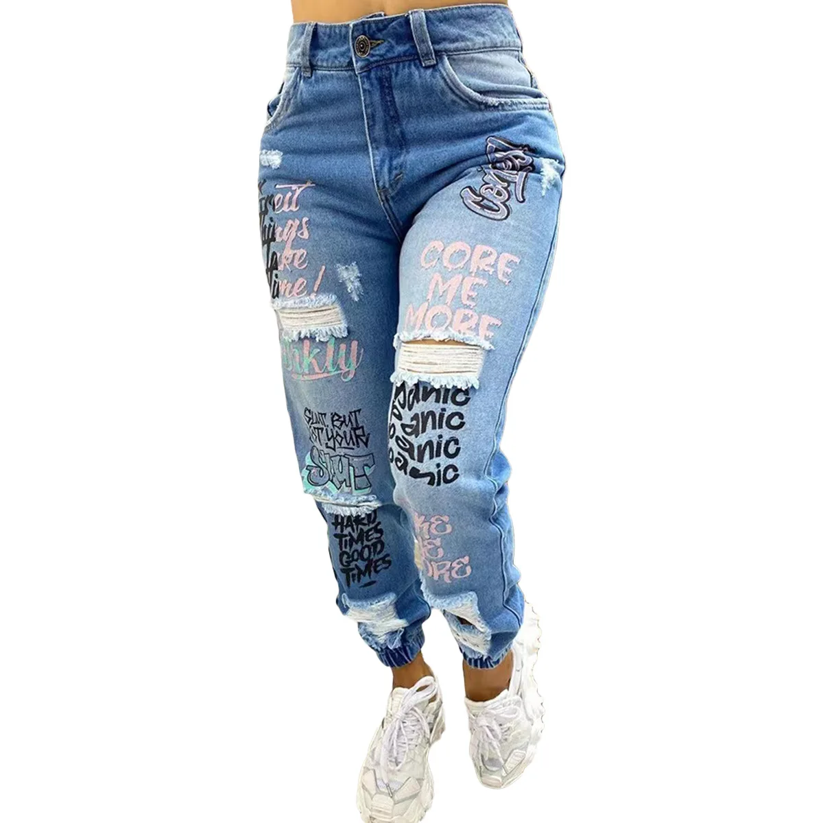 2024 New Letter Print Slant Pocket Ripped Jeans Casual Jeans Women 3
