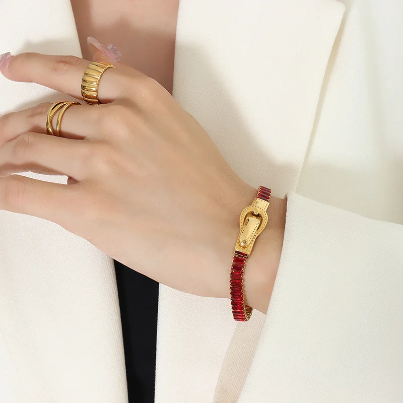 Colorful Zircon Elastic Belt Buckle Bracelet for Women – Trendy Stainless Steel Jewelry Accessory
