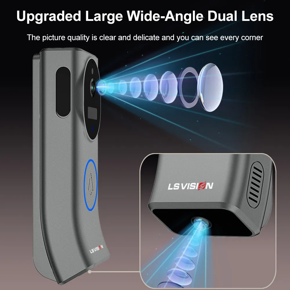 LS VISION 2K Dual Screen Video Doorbell with Chime Dual Lens PIR Motion Detection Two Way Audio Battery Powered Doorbell Camera wireless intercom doorbell