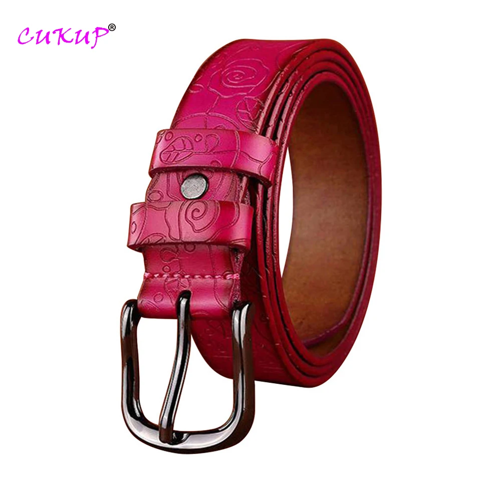 Fashion Design Floral Pattern Rose Red Genuine Leather Female Belt 2
