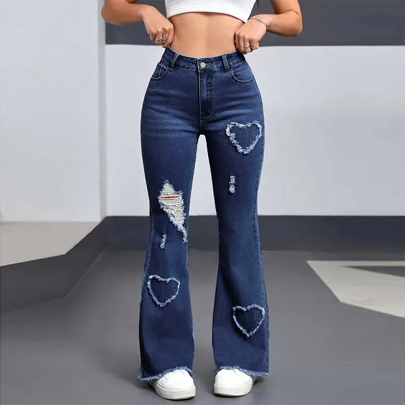 Y2K Blue Stretchy Heart Shaped Flared Jeans High Waist Retro Fashion Trendy Elastic Trousers for Women 1