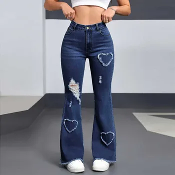 Y2K Blue Stretchy Heart Shaped Flared Jeans High Waist Retro Fashion Trendy Elastic Trousers for Women 1