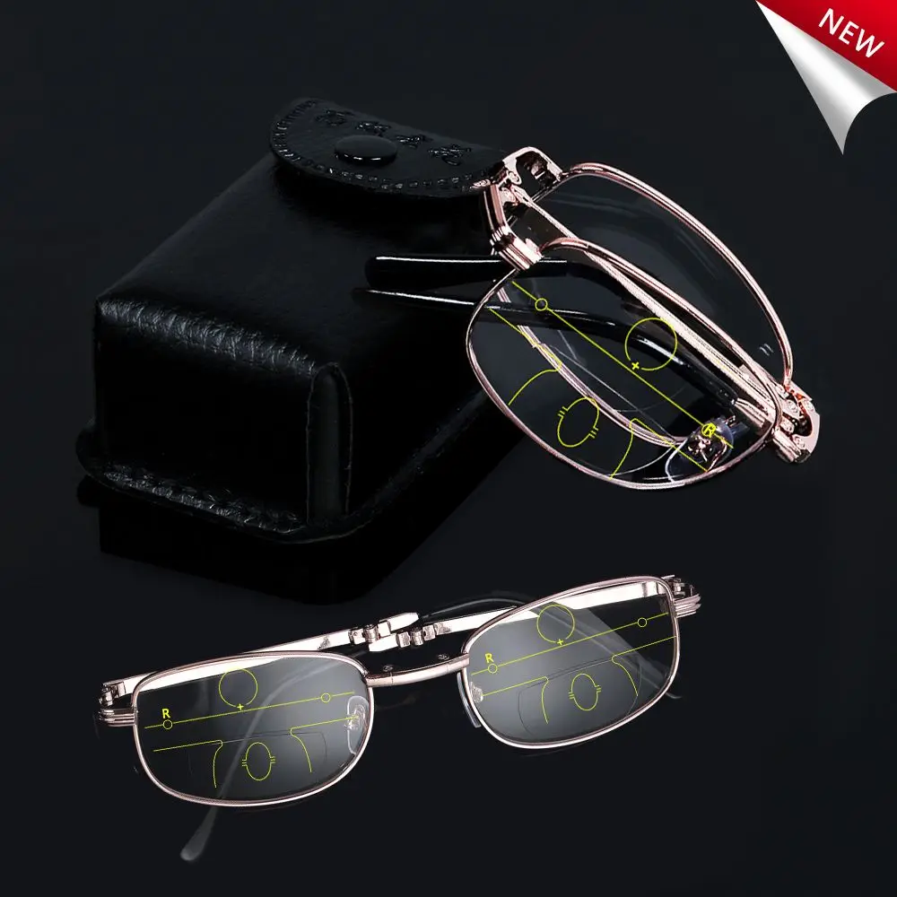 Zusammenklappbare Weitsichtbrille, Presbyopie-Brille, Metall-Lesebrille, inklusive Brillenetui, progressive multifokale Gläser – Detail 1