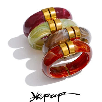 Yhpup 66mm Green Pink Brown Purple Acrylic Thick Bracelet Bangle for Women Stainless Steel Arrivals 2025 Wrist Jewelry Gift 1
