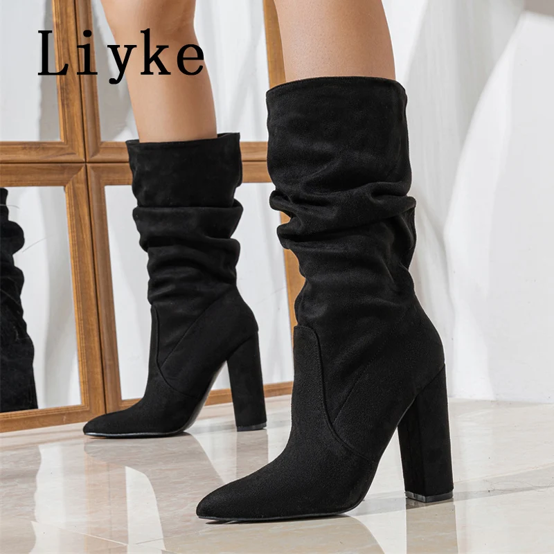 

Liyke Chelsea Women Autumn Winter Boots Fashion Pleated Square High Heels Sexy Pointed Toe Ankle Booties Female Shoes Size 35-42