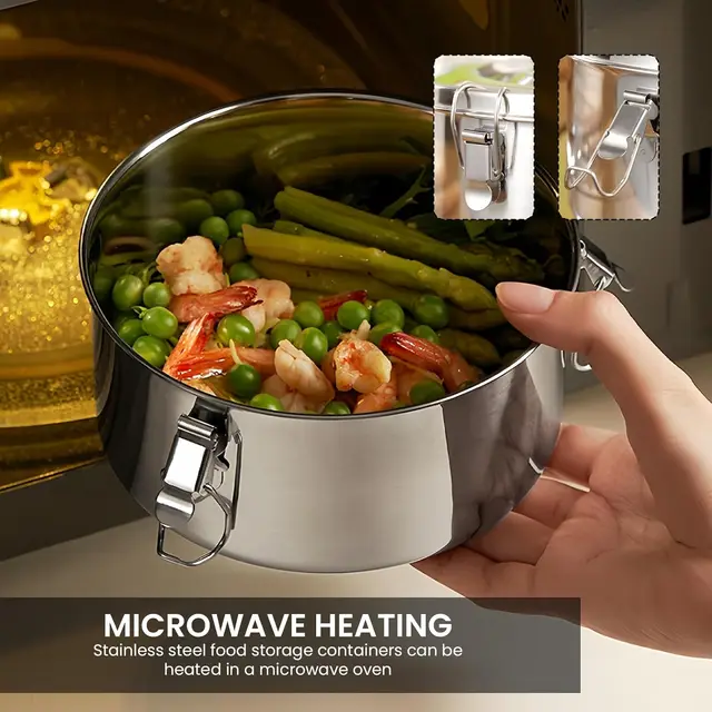 Boîte à déjeuner ronde en acier inoxydable avec couvercle, boîtes à Bento portables anti-fuite, conteneur de stockage des aliments, conteneurs de bol de pique-nique de Camping 3