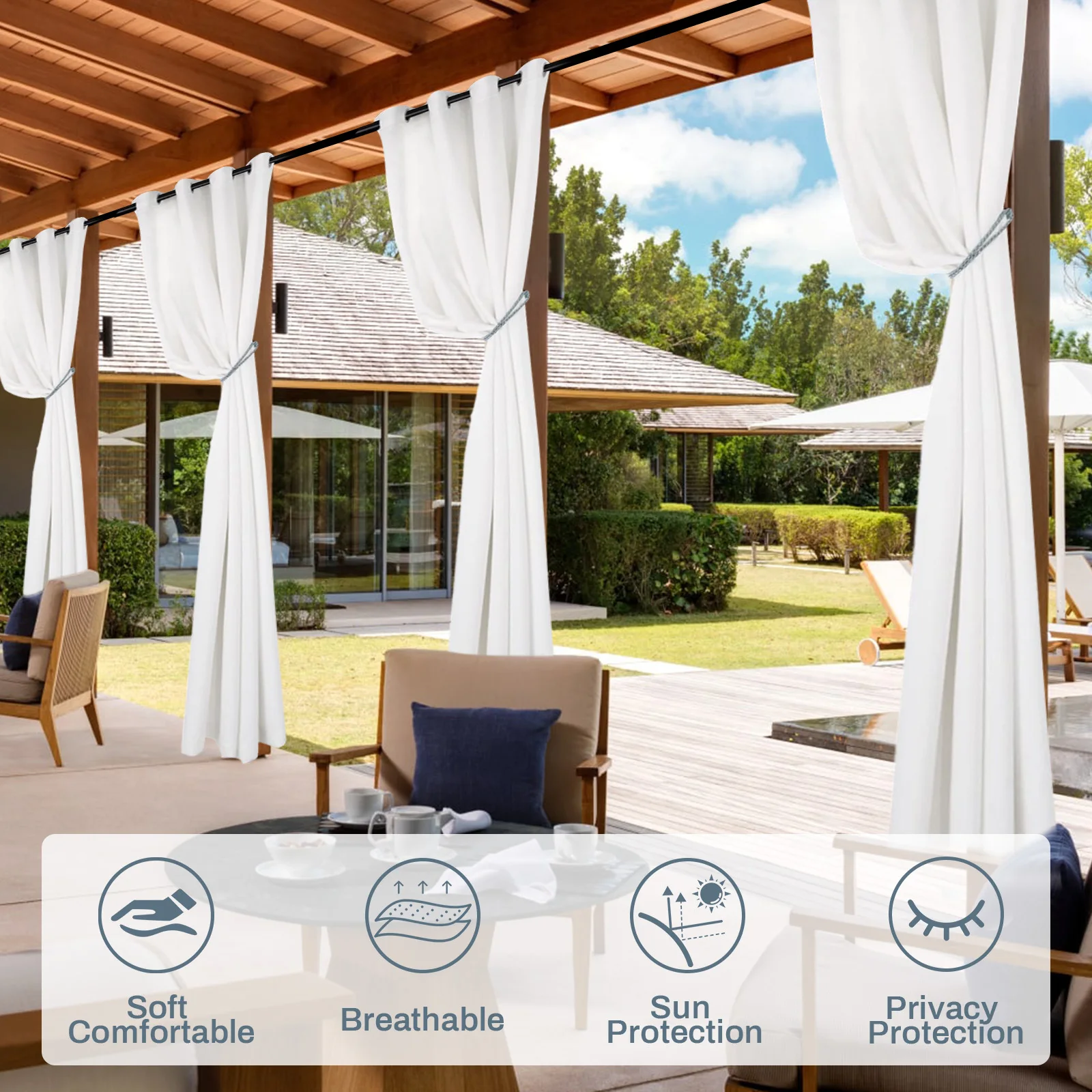 Outdoor Patio Voile Sheer Curtains Waterproof Drapes Rod Pocket Blackout Chiffon Gauze Tulle Curtain Garden for Porch Pergola 4