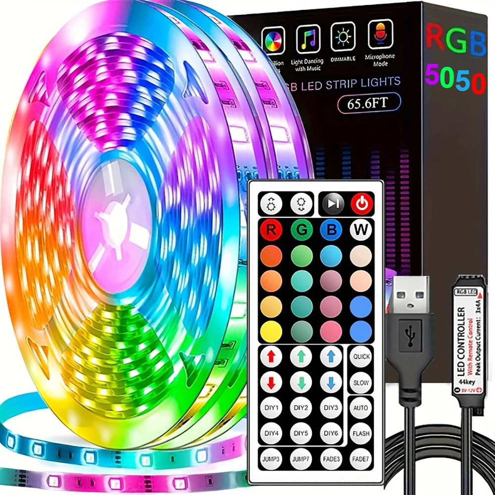 Luzes de tira LED com controle remoto, fita RGB, sala de parede para casa, quarto, decoração de festa, luz de fundo TV, 5050, 10m, 20m, 44 Key