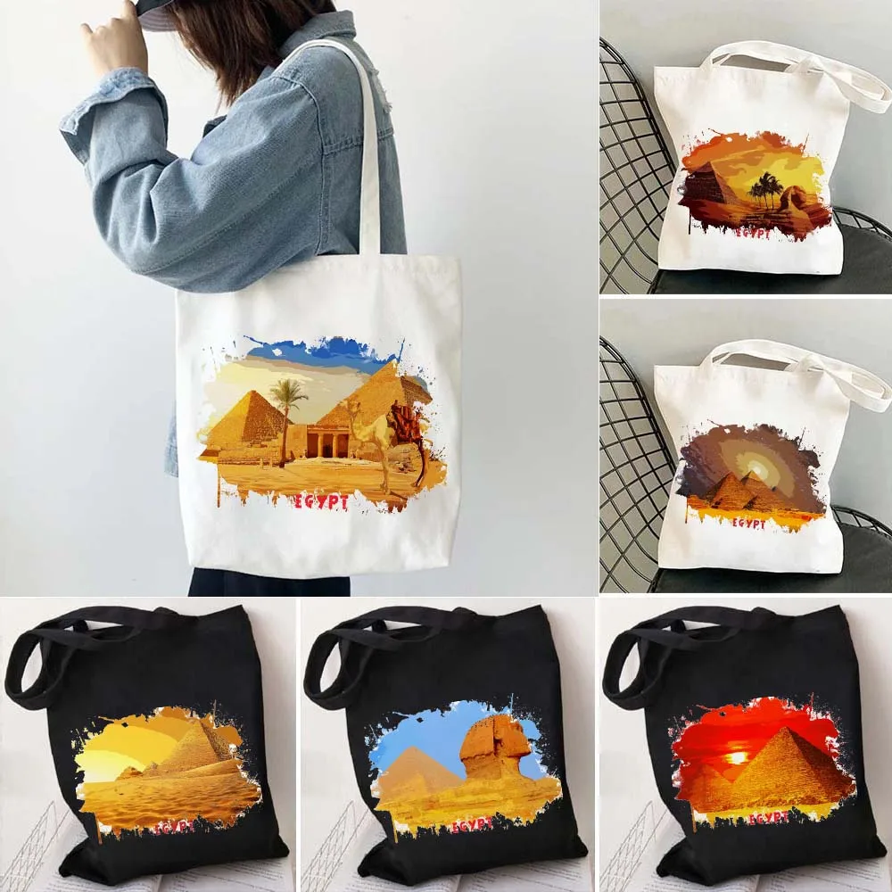 

Pyramid Egypt Landscape Desert City Sights Watercolor Ink Painting Shoulder Canvas Cotton Tote Bag Harajuku Eco Shopper Handbags