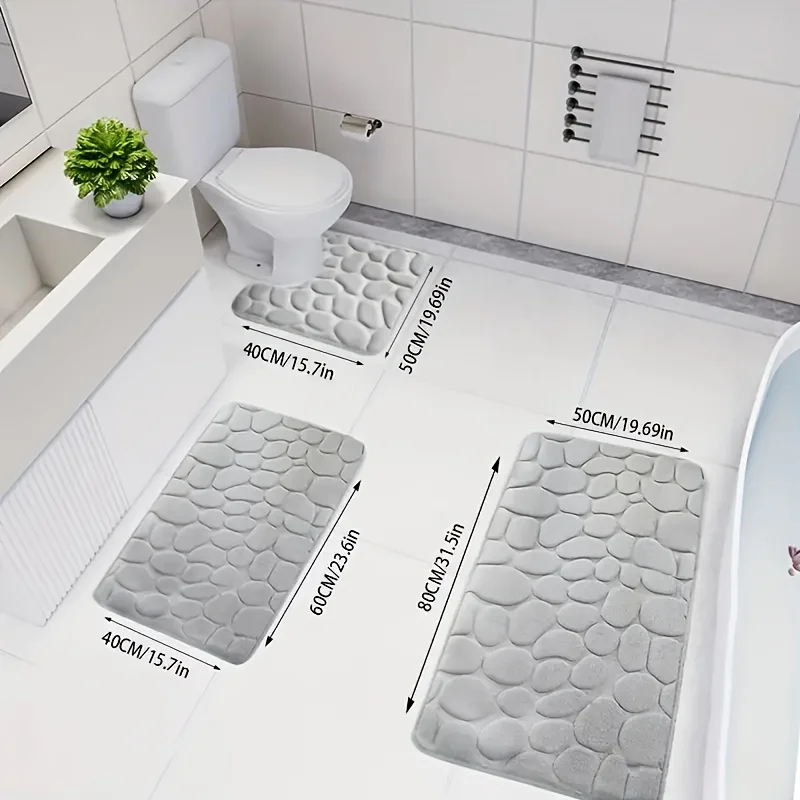 3-Piece Embossed Quick-Dry Bath Mat Set, Non-Slip Soft Memory Foam Bathroom Carpet, Polyester Anti-Fatigue Bath Rug for Floor