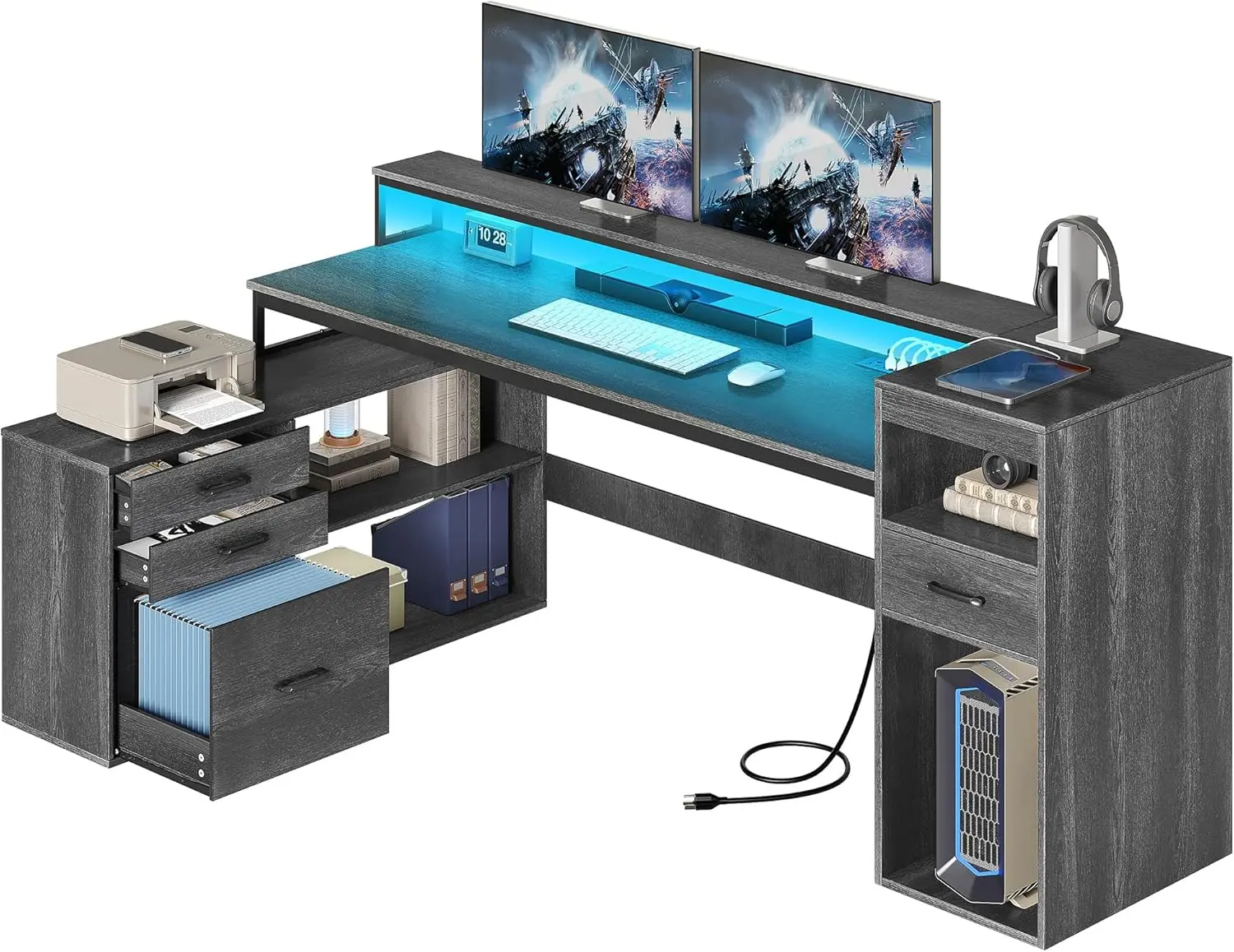 Farmhouse L Shaped Desk with Drawers 59" Corner Computer Desk with Power Outlets LED Lights Wood L-Shaped Desk with File Cabinet