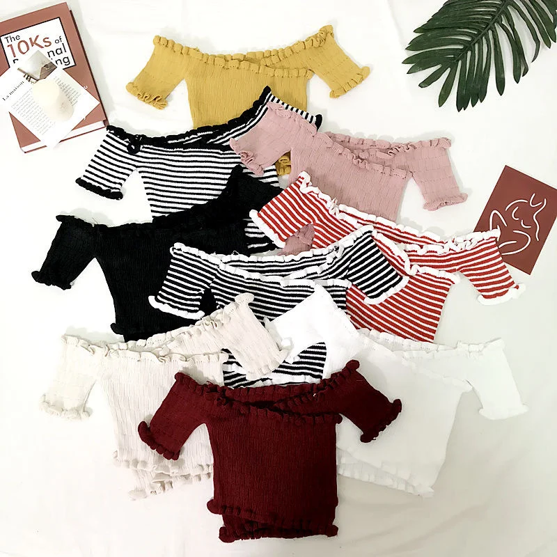 Sexy T-Shirts Off The Shoulder Top Cute Pink Women Slash Neck Kawaii Crop Top Baby Tees Y2k Summer Clothes Korean Sweet Emo Tops