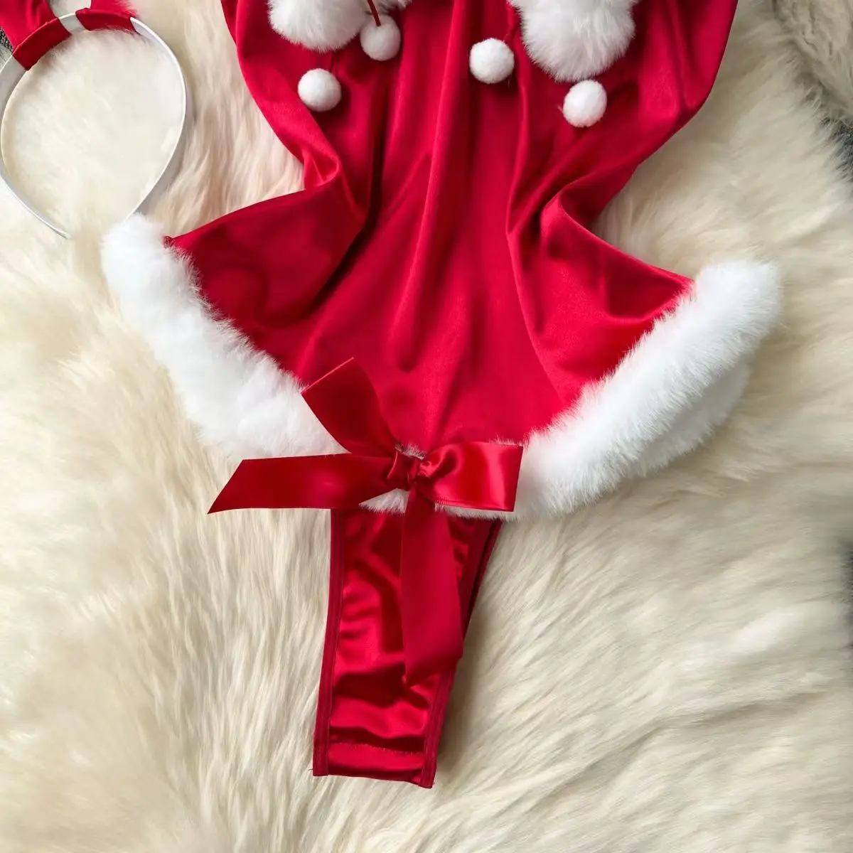 Sexy V-Neck Camisole Women's Bodysuit Bunny Girl Sweet Bow Bobble Patchwork Playsuit Slim Fit Sleeveless Jumper Cosplay Pajamas