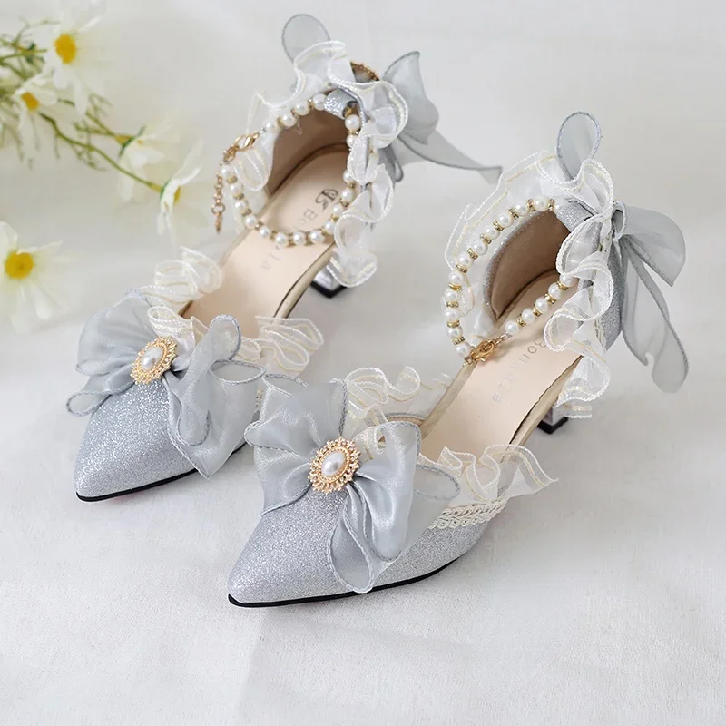 

Original Girls Sweet Lolita Ruffles Bowknot Lace Bridal Wedding Shoes Women High Heel Bordered Pearl Chain Princess Shoes