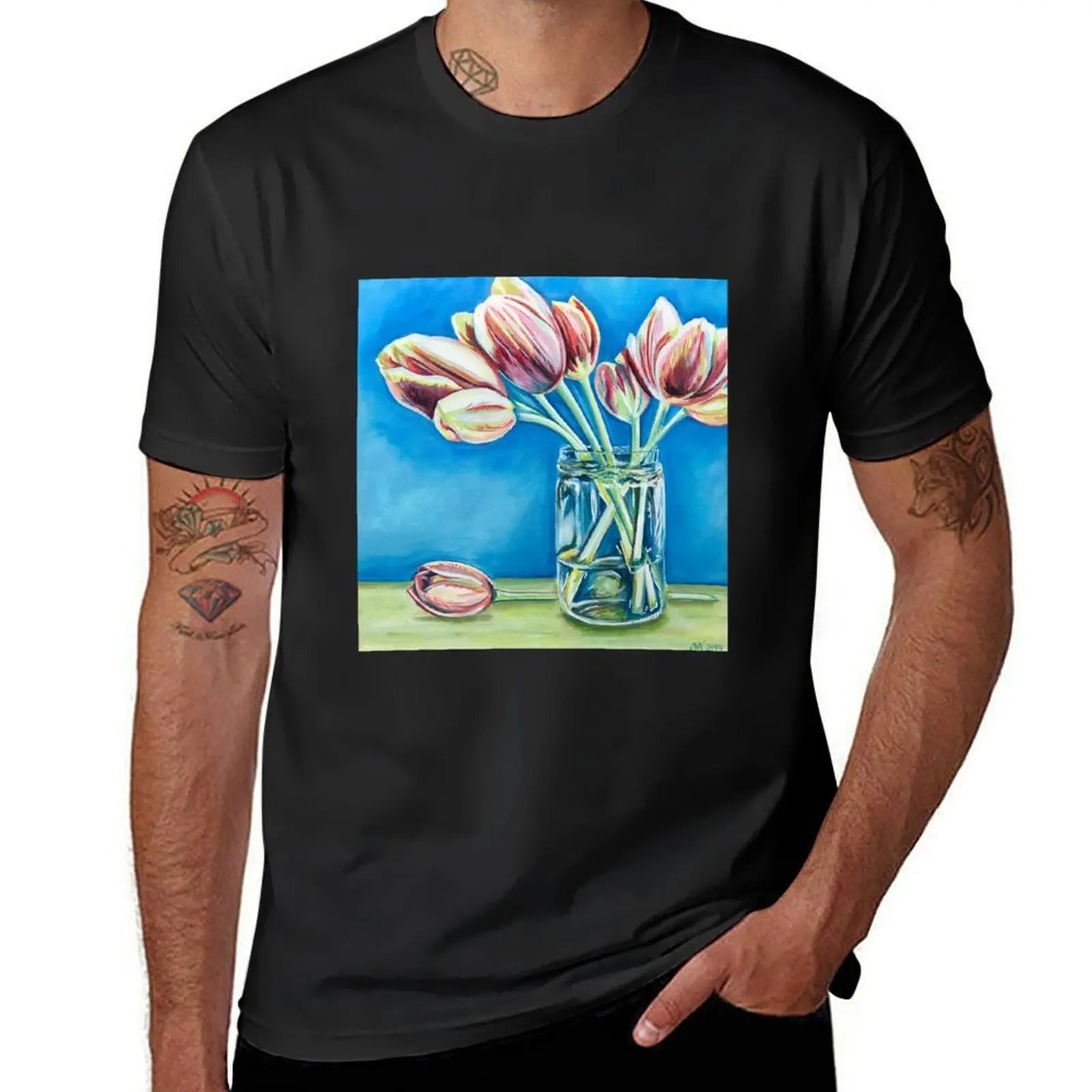 

Jar of Tulips T-Shirt summer tops heavyweights tees anime Men's t shirts