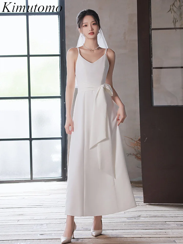 

Kimutomo Pearl Beaded Satin Evening Dresses V Neck Sexy Lace Up Bow Elegant Dress Women for Wedding Party Simple Design Vestidos