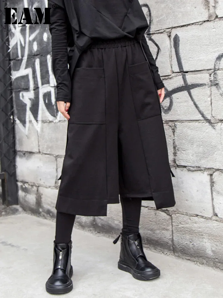 

Женские брюки с эластичным поясом EAM, черные свободные брюки с карманами, весна-осень 2024