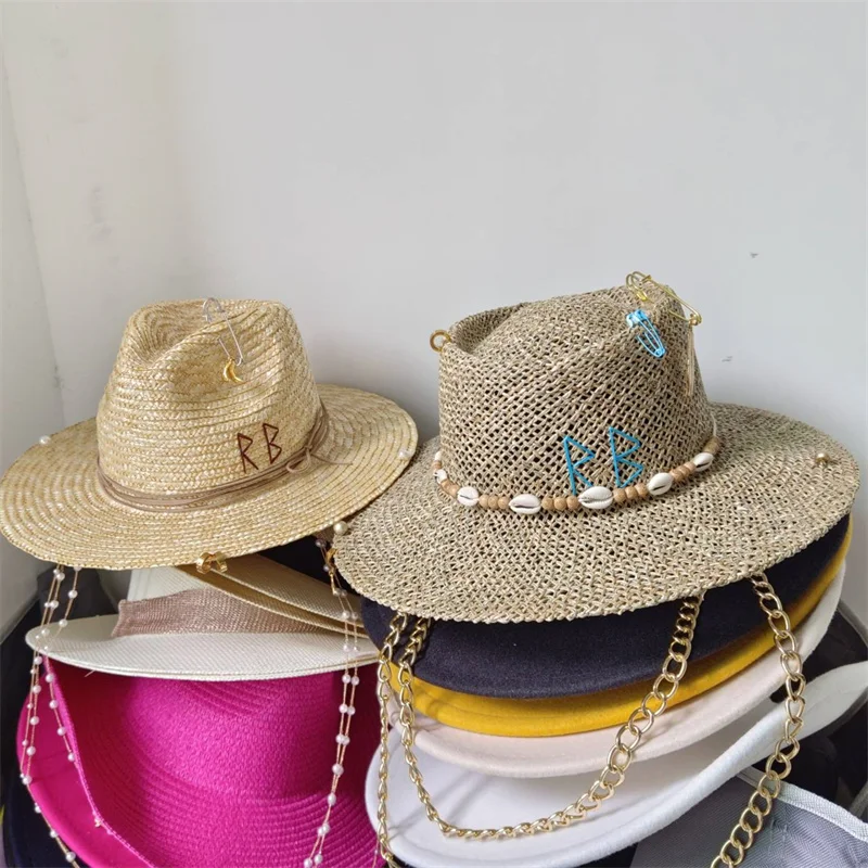 Beach Hat Punk Pearl Chain DIY Concave Crown Sun Hat New Korean Letter Hat Beach Hat Men's and Women's Punk Hat Candy Color Sun 1