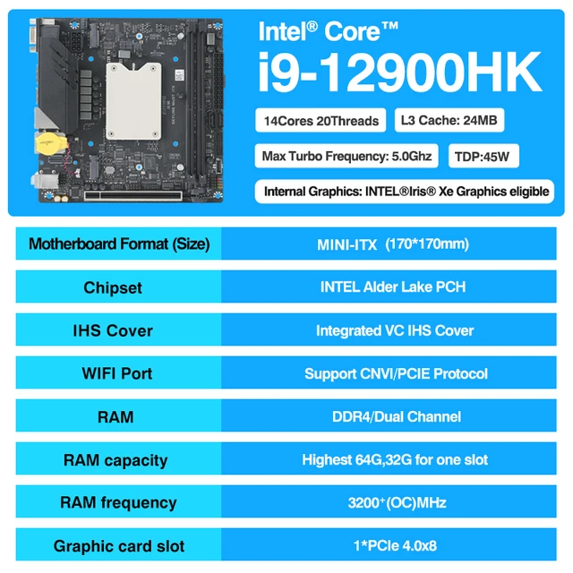 DIY Gaming Computer ERYING M-ITX DIY Desktop Motherboard avec CPU Core Interposer Kit i9 12900Ian 14C20T DDR4 pc gamer 5