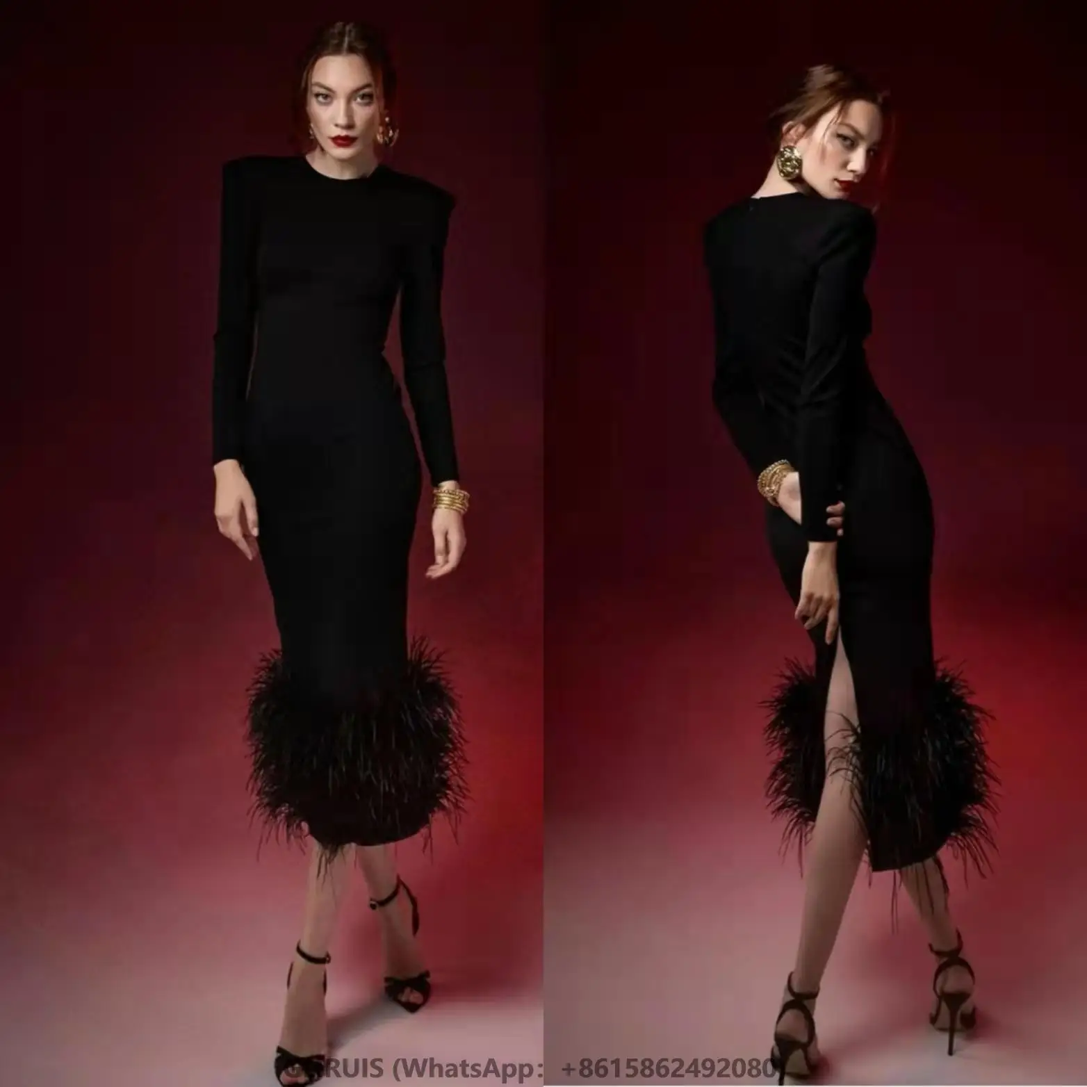 

Black Spandex Evening Dresses With Feathers فساتين السهرة Sheath Tea Length Prom Dress Robe de soirée for Women