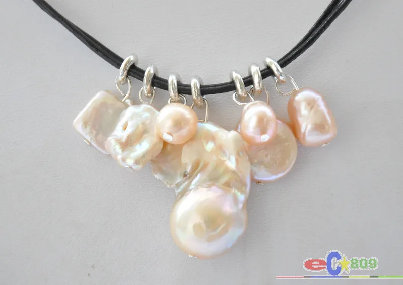 Elegant Baroque Keshi Reborn Pearl Pendant on Leather Chain - Multicolor