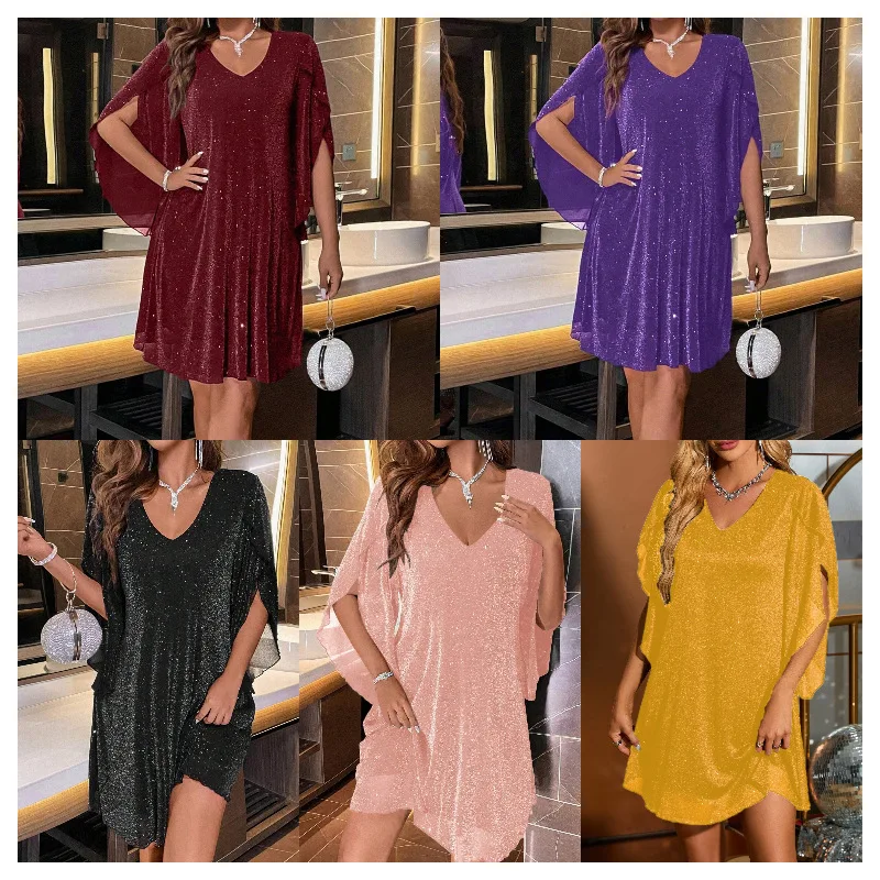 Bright Sequin Dresses Women V-neck See Through Chiffon Patchwork Irregular Half Sleeves Loose Mini Dress Female Vestidos 2024 6