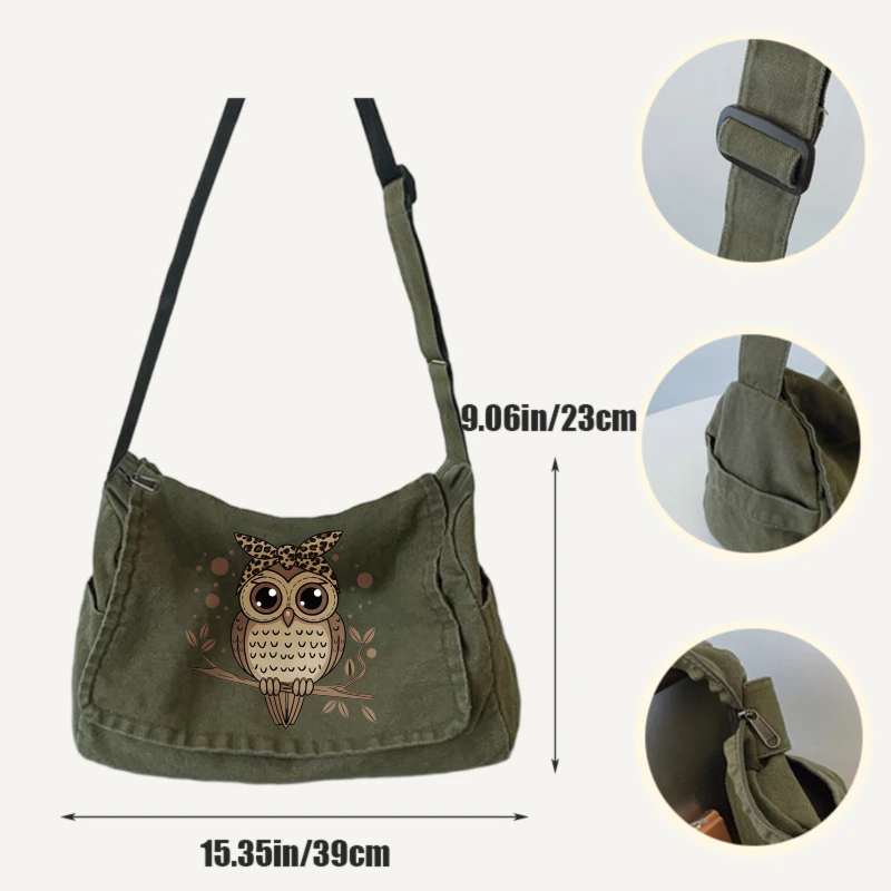 Casual Women's Shoulder Bag Cute Owl Print Canvas Crossbody Bag Large Capacity Messenger Bag for Daily Use