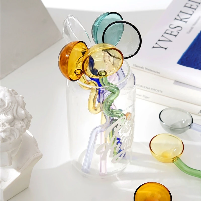 1Pc Colored Glass Mixing Spoons Home Transparent Glass Spoons For Fruit Juice Coffee Iced Beverage Mixing Tableware