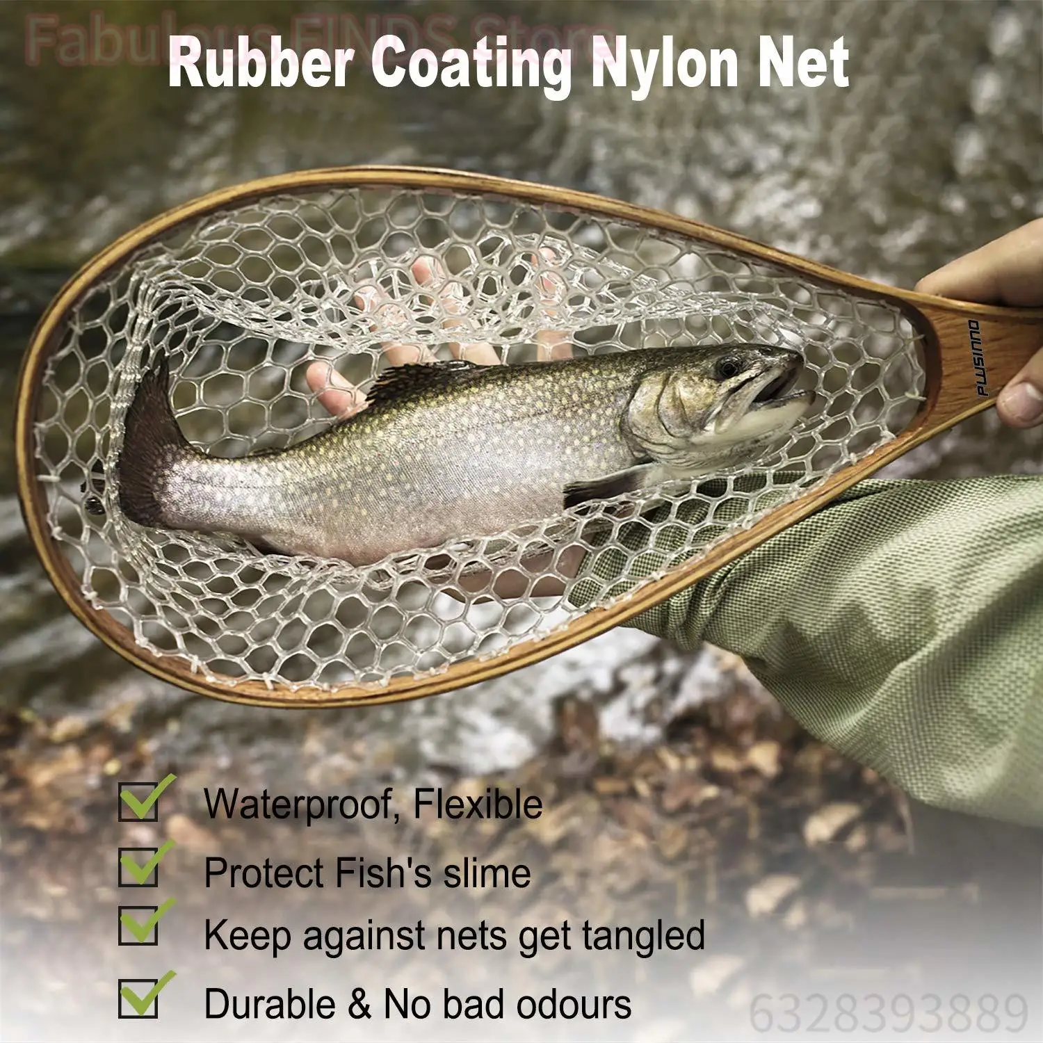 Épuisette pêche à la mouche manche bois maille caoutchouc transparent pour truite pêche no-kill rivière