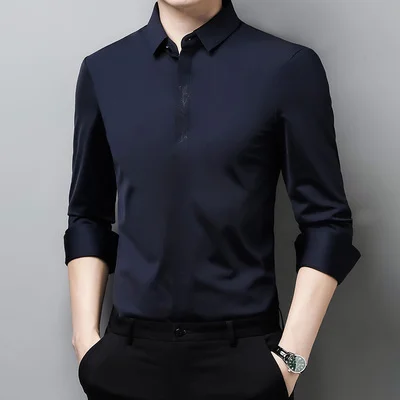 

Long High Non-iron quality Shirts %Silk s Men Luxury Clothing Sleeve Male рубашки мужские Social Black