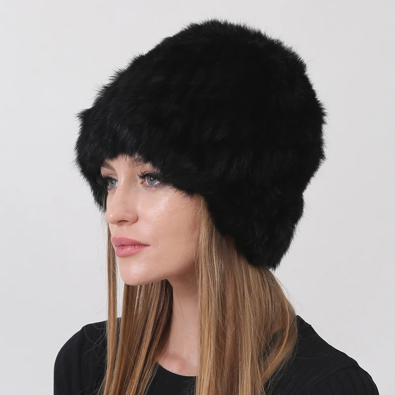 Warm Fluffy Women's Winter Hats 2023 Natural Rabbit Fur Knitted Beanie Russian Soft Cozy Fur Hat 5