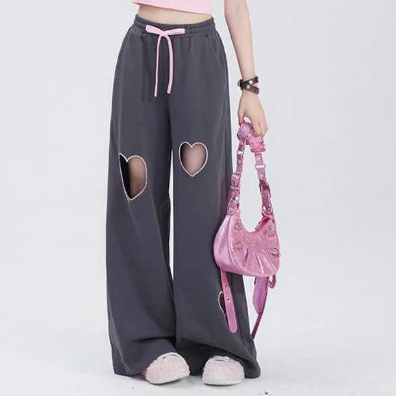Sweet Cute Youth Vintage Love Hollow Out Casual Pants Women's Solid Summer High Waist Drawstring Pockets Loose Straight Trousers