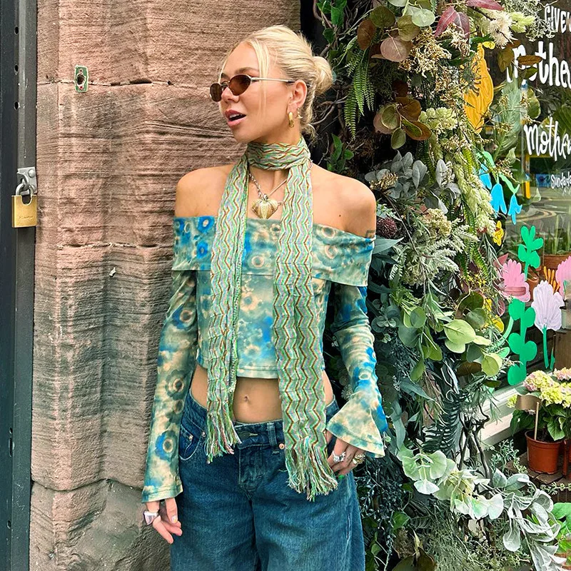 

Floral Print Off Shoulder Sexy Crop Tops Y2k 2023 Autumn Long Sleeve T Shirt Fashion Women Outfits Blue Slim Tees Streetwear