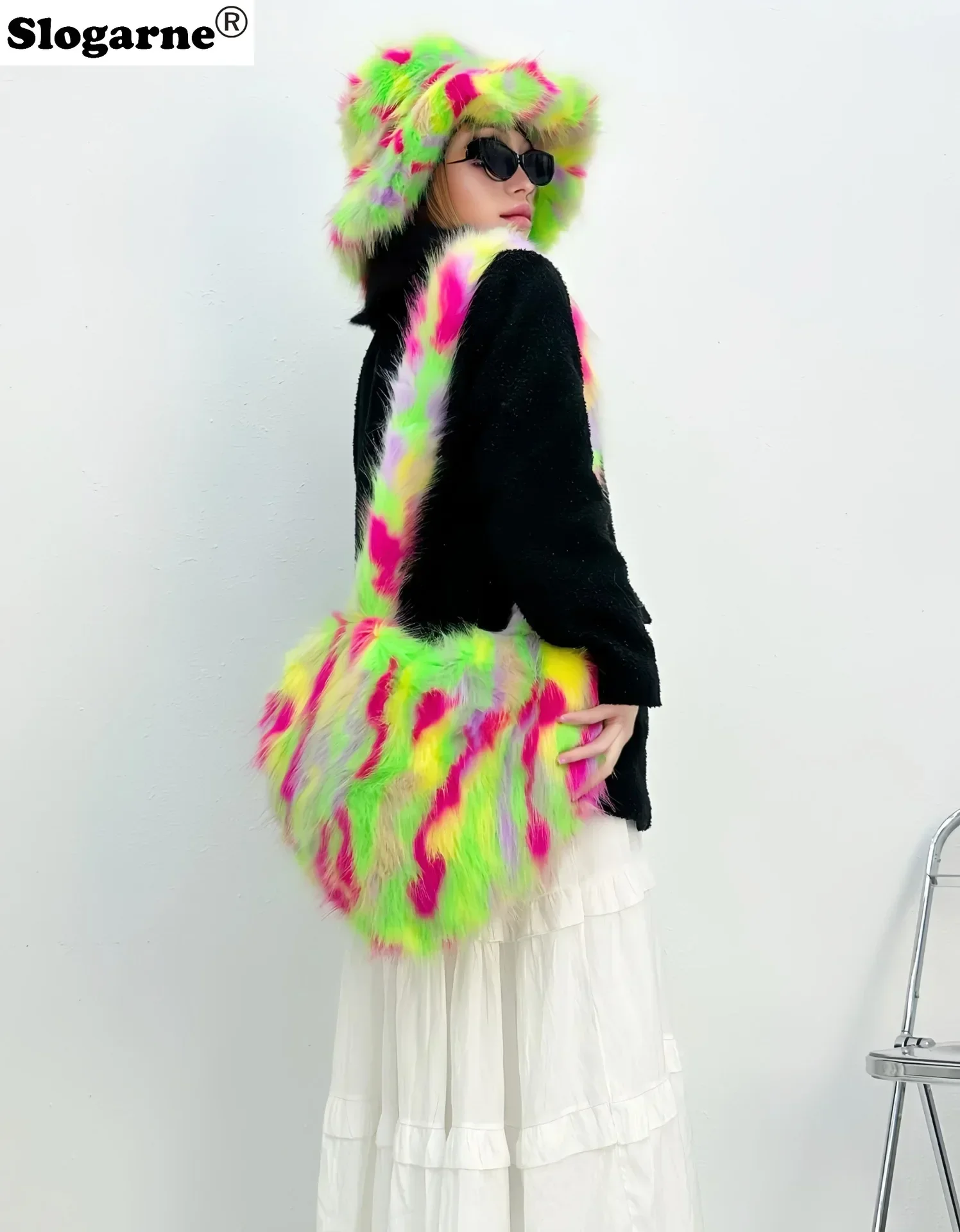 Women Faux Fur Shoulder Bag Fur Plush Bucket Hat Luxury Sets Furry Ski Hats Warm Caps Luxury Fluffy Bags New Y2K Suits