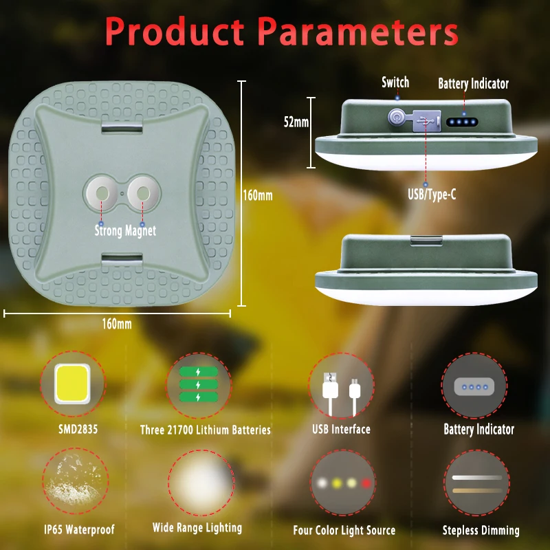 80W Camping Lantern Light Portable Flashlight Power Rechargeable LED Lamp Multifunctional Endurance Work Light