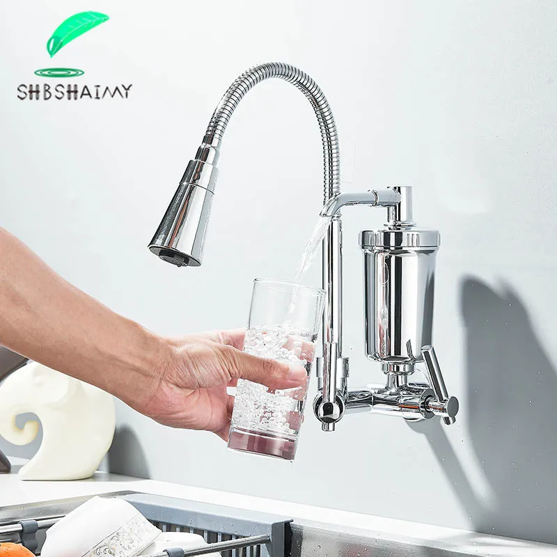 Chrome e preto vem com um filtro puro única torneira de água fria montada na parede torneiras de cozinha varanda água filtrada doméstica
