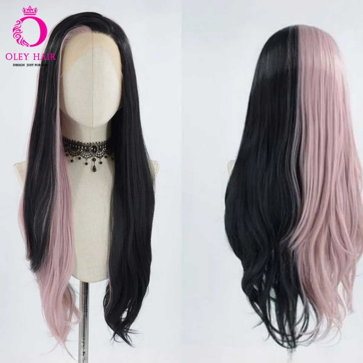 

Highlight Pink Synthetic 13x4 Lace Front Glueless Straight Black Wig Drag Queen Heat Resistant Preplucked Cosplay Women's Wigs