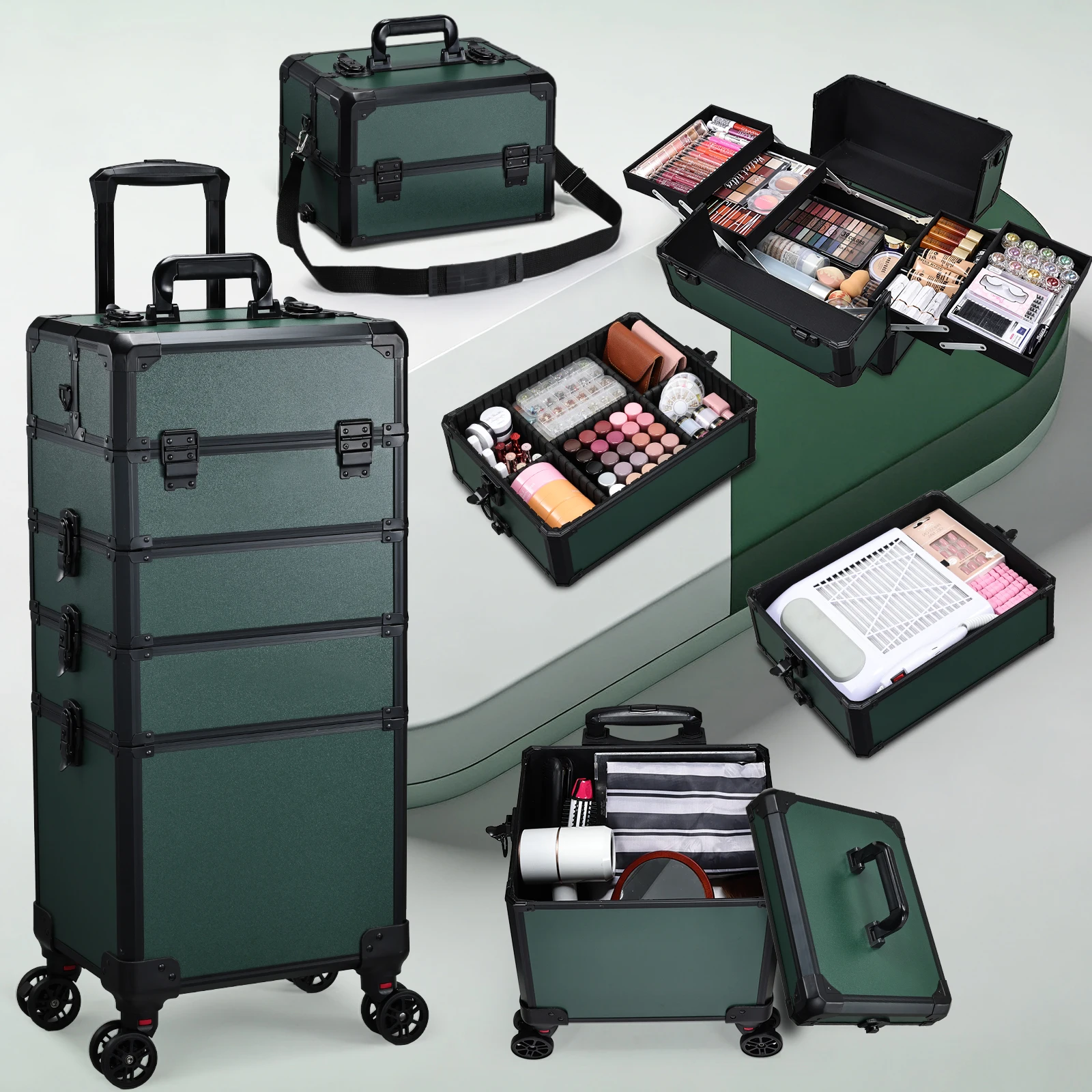 Trousse de maquillage roulante Trousse de cosmétologie sur roulettes Trousse de train de maquillage 5 en 1 avec couvercle Grande boîte à cosmétiques professionnelle roulante