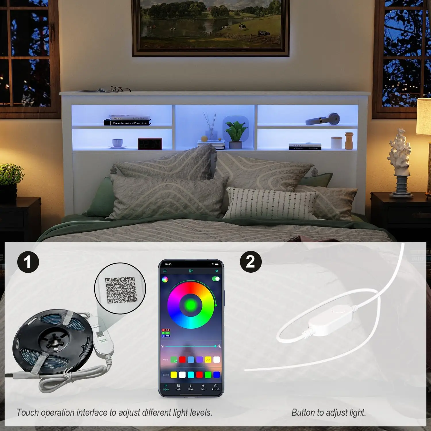 Full/Queen Size Headboard with Adjustable Light, Wood Modern Headboard with 5 Storage Shelves, Bluetooth, Remote & USB Port for