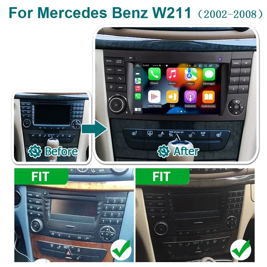 Radio para Auto de 7'' con Android 15 y CarPlay para Benz Clase E W211 E200 E220 E300 E350 E240 E270 E280 2002-2008, Reproductor Multimedia 2 DIN 2