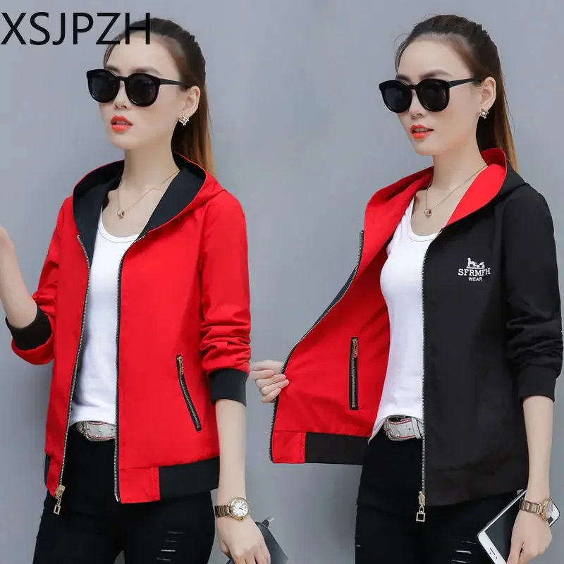 

2023 Zip Windproof Casual Outerwear Fashion Hooded Reversible Jacket Women Oversize Spring Jackets Double-Sided Cropped Coat