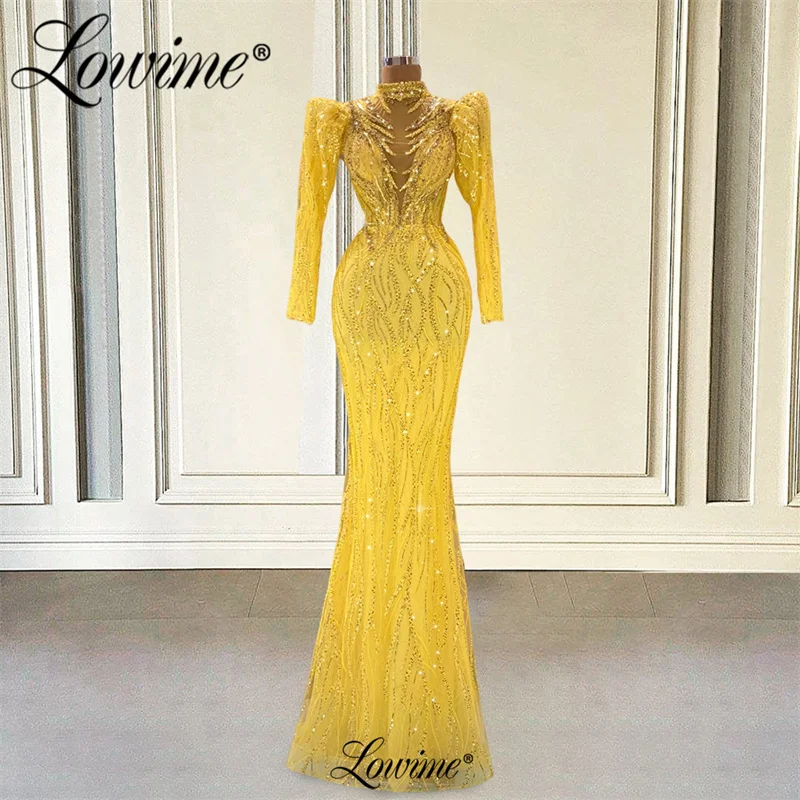 

Elegant Yellow Evening Dress Crystal Sequins Mermaid Party Dresses For Weddings 2023 Custom Made Arabic Dubai Long Prom Gowns