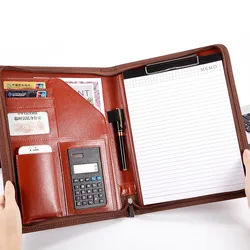 Handmade A4 Leather File Folder Contract Conference Clip Folder Zipper for Business Stationery Organizer Clipboard Phone Holder