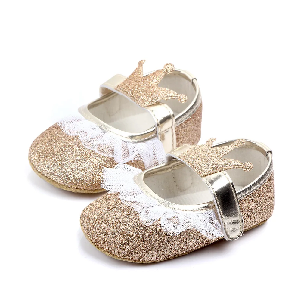 

Sequins Baby Shoes Gold Crown Toddler Baby Girl Shoes First Walkers Lace Soft Sole Loop Bling Shoes For Girls Newborn Princess