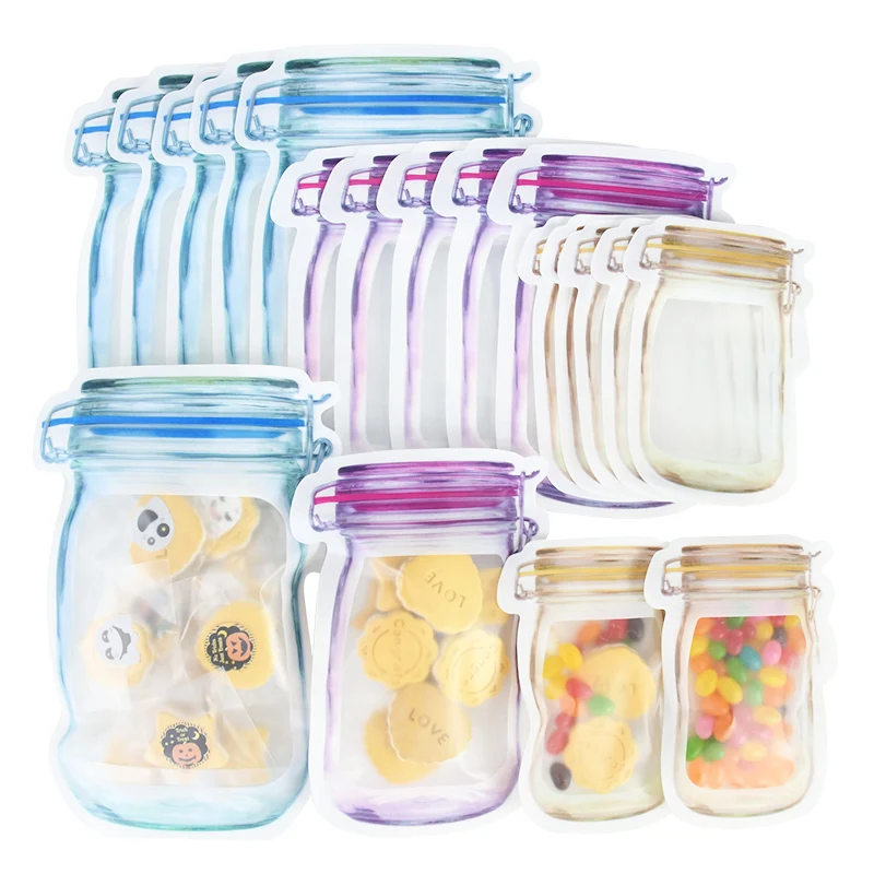 5/10pcs Reusable Mason Jar Bottles Bags Portable Mason Jar Zipper Self Food Saver Candy Storage Bag Snack Sandwich Zip Lock Bags