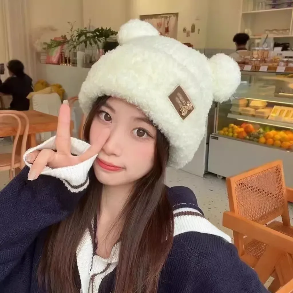 2024 Bear Ears Plush Beanies Hat Winter Cute Warm Thickened Knitted Caps Beanies Korean Sweet Ear Protection Women's Hats Gifts 4