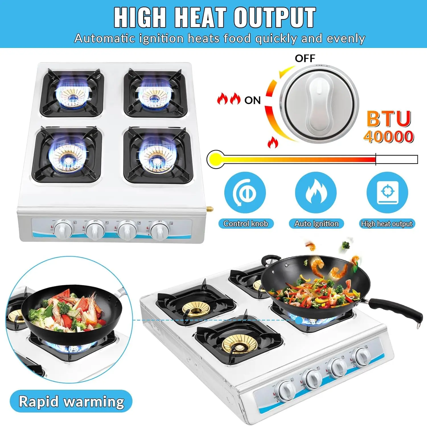 Stove,4 Burner Gas StovePortable Gas Stove Auto Ignition Camping Stainless Steel Stove 4 Burner LPG for RV, Apartment,Outdoor 2