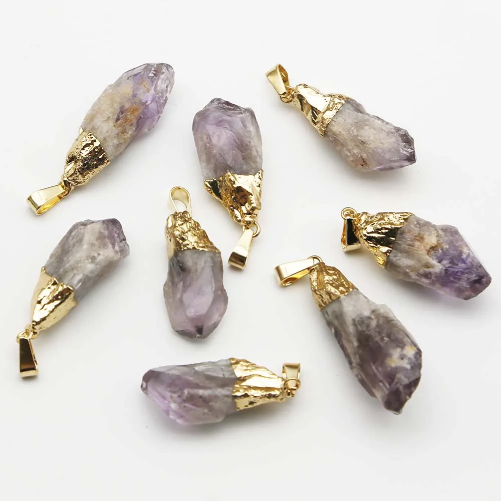 Natural Raw Ore Amethyst Irregular Gold Plated Necklace Pendant Healing Reiki Charms DIY Jewelry Accessories Gift Wholesale 8Pcs
